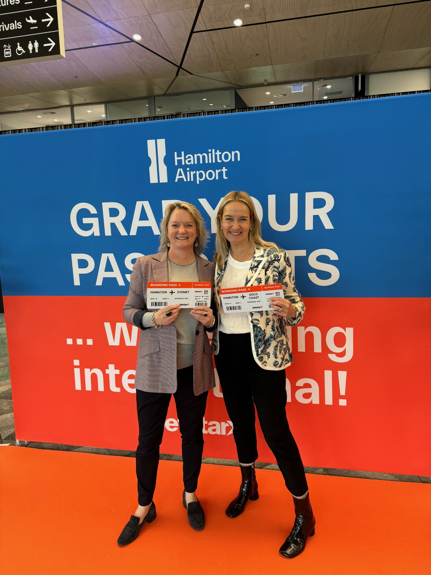 Waipā District Mayor Susan O'Regan (right) and Chief Executive Steph O'Sullivan at the launch of Jetstar's Trans-Tasman flights at Hamilton Airport this morning.