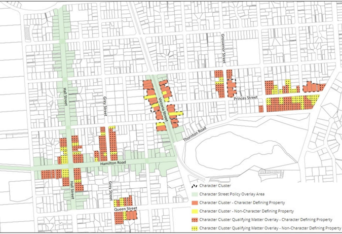 Cambridge Character Cluster Areas, Character Cluster Qualifying Matter Overlays and Character Street Policy Overlay Areas Map